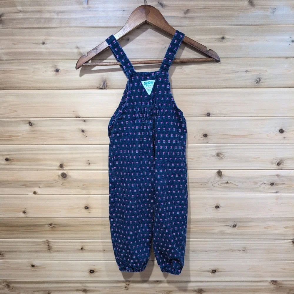 Vintage OshKosh B'gosh Vestbak Overalls 4T Blue Pink Floral Tulip Heart USA